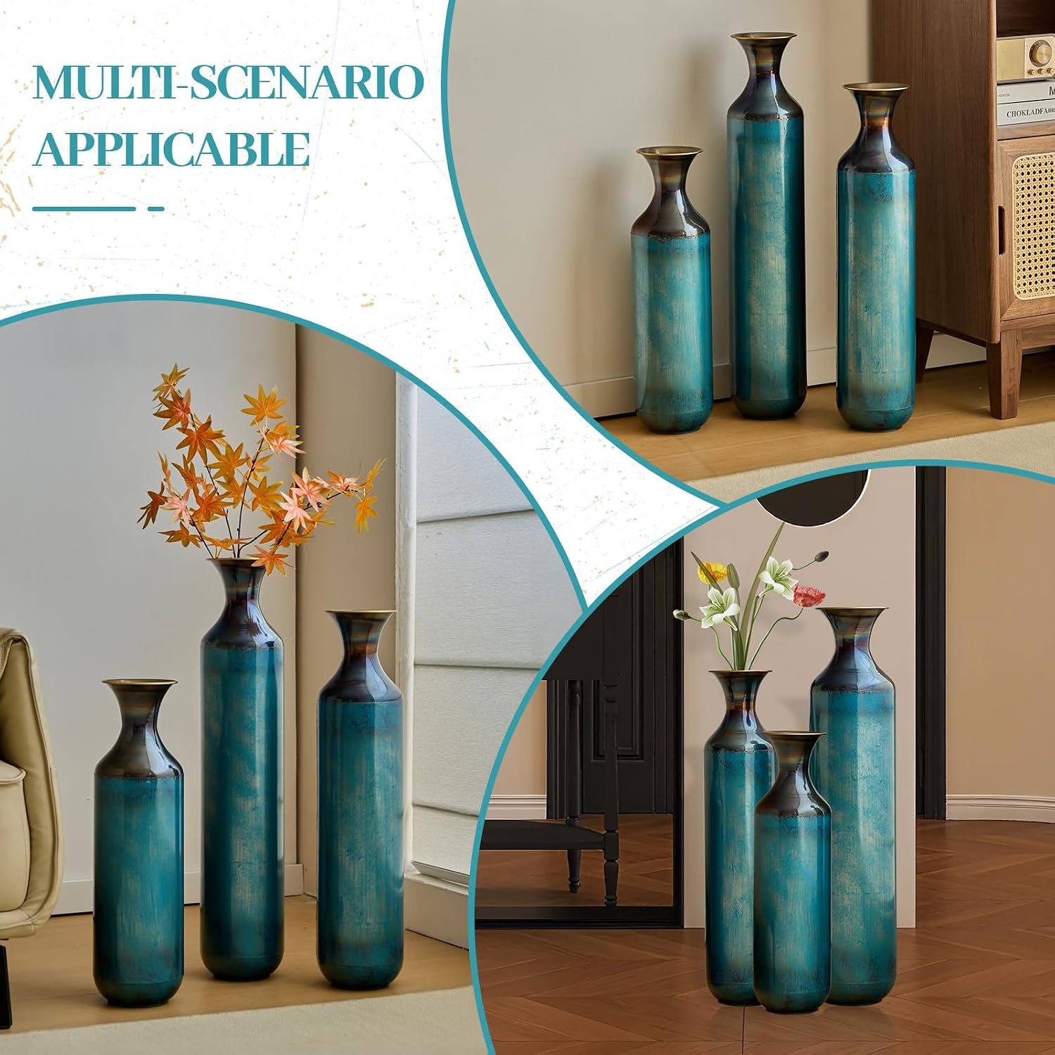 Floor Metal Decorated Vases Set of 3 for Gorgeous Home Decoration Large Glazed Metal Vases (Aqua Blue)