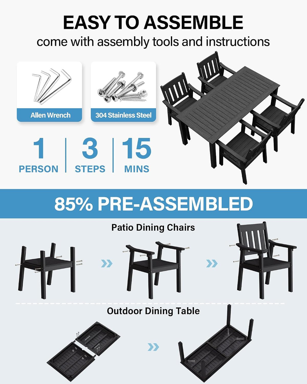 YEFU HIPS Patio Table Set: 5 Piece Outdoor Table and Chairs Dining Furniture Set with Umbrella Hole - Black Modern Plastic Dining Sets 4 Person for Outside Deck with Metal Aluminum Frame