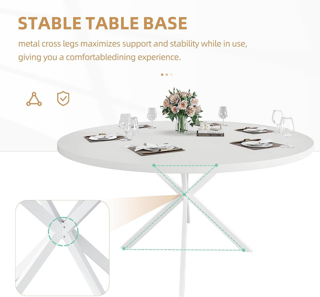 47.24' Round Dining Table for 4-6 Person, Round Kitchen Table with Wood Top, Circle Dinner Pedestal Tables with Metal Legs for Dining Room Kitchen (White)