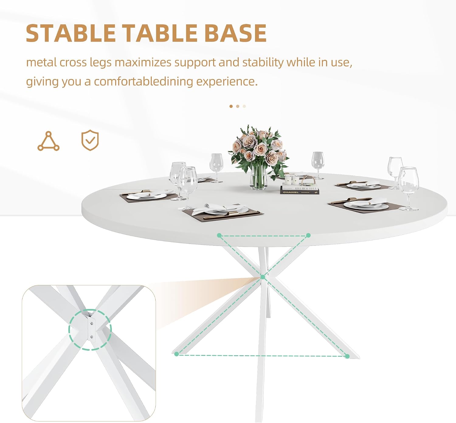47.24' Round Dining Table for 4-6 Person, Round Kitchen Table with Wood Top, Circle Dinner Pedestal Tables with Metal Legs for Dining Room Kitchen (White)
