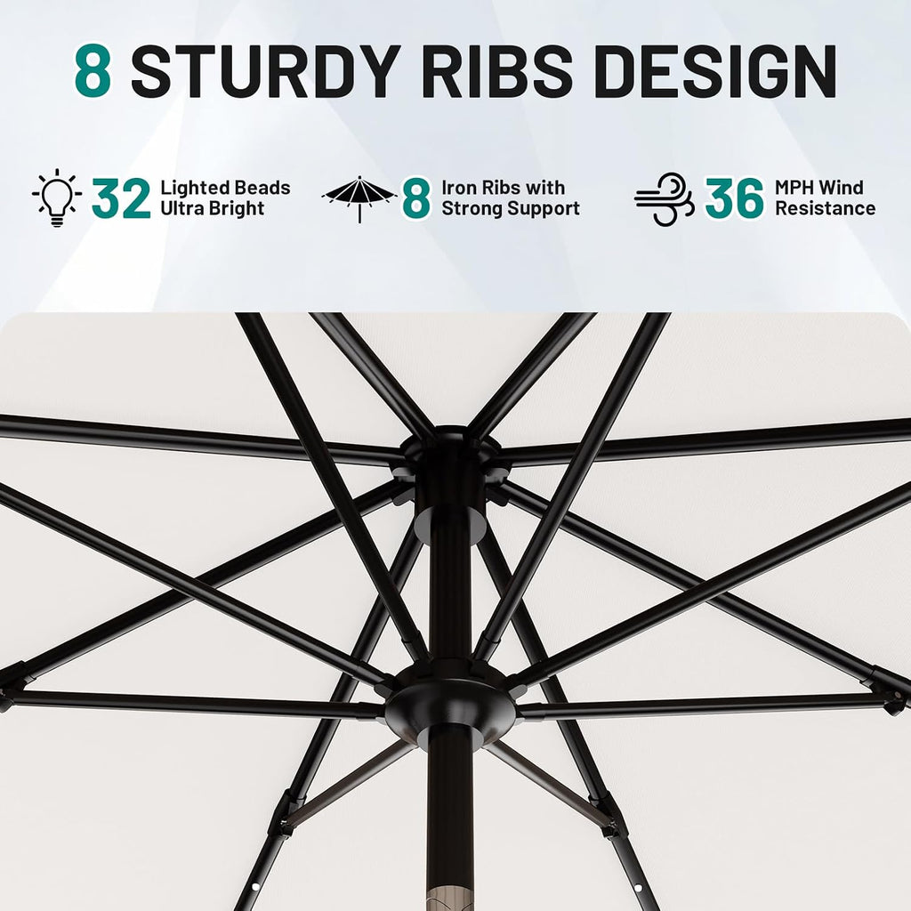 AreShark 12FT Large Patio Umbrella with Solar Lights, Solar Powered Outdoor Umbrella with Crank, Patio Table Market Umbrellas for Garden, Deck, Backyard, Pool and Beach, Cream-White