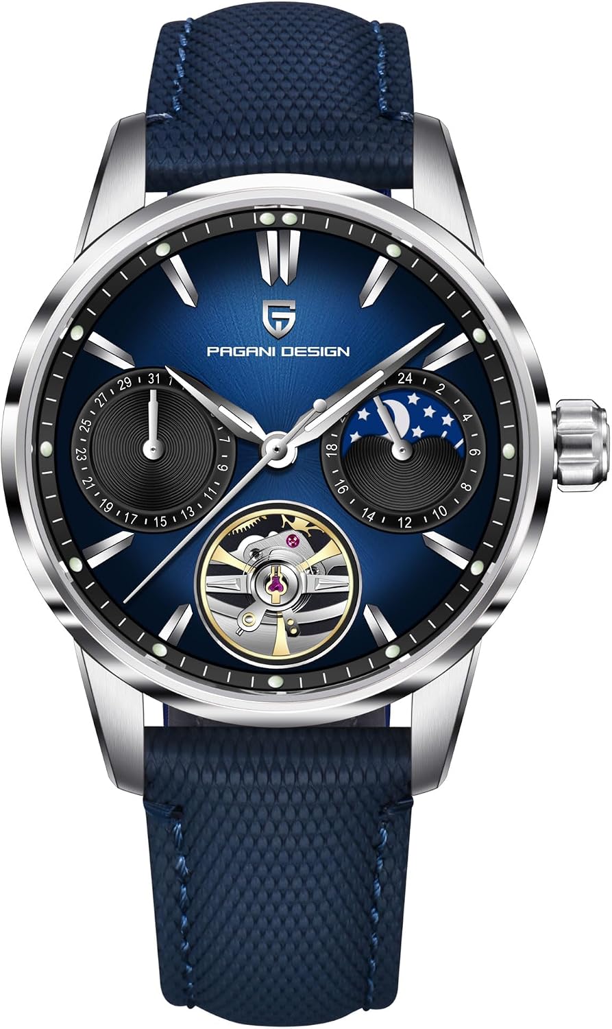 Pagani Design Luxury Men's Automatic Watch Skeleton Tourbillon Moon Phase Stainless Steel 100m Waterproof Leather Strap Men's Mechanical Watch