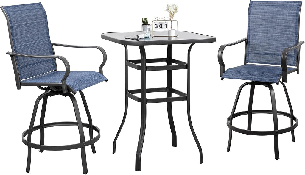 Shintenchi 3 Piece Patio Swivel Bar Stools Set, Outdoor Patio Bar Table and Chairs Set, All Weather Bar Height Chairs Set of 2, High Top Bistro Set Furniture for Balcony, Backyard, Garden, Deep Blue