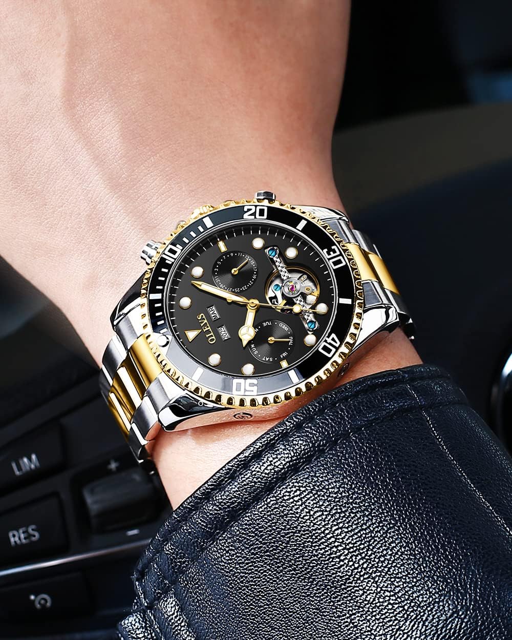 OLEVS Men's Stainless Steel Chronograph Watch, Big Face Gold Silver Black Tone Easy to Read Analog Quartz Watch, Luxury Waterproof Date Diamond Roman Arabic Numerals Dial Dress Watch for Men