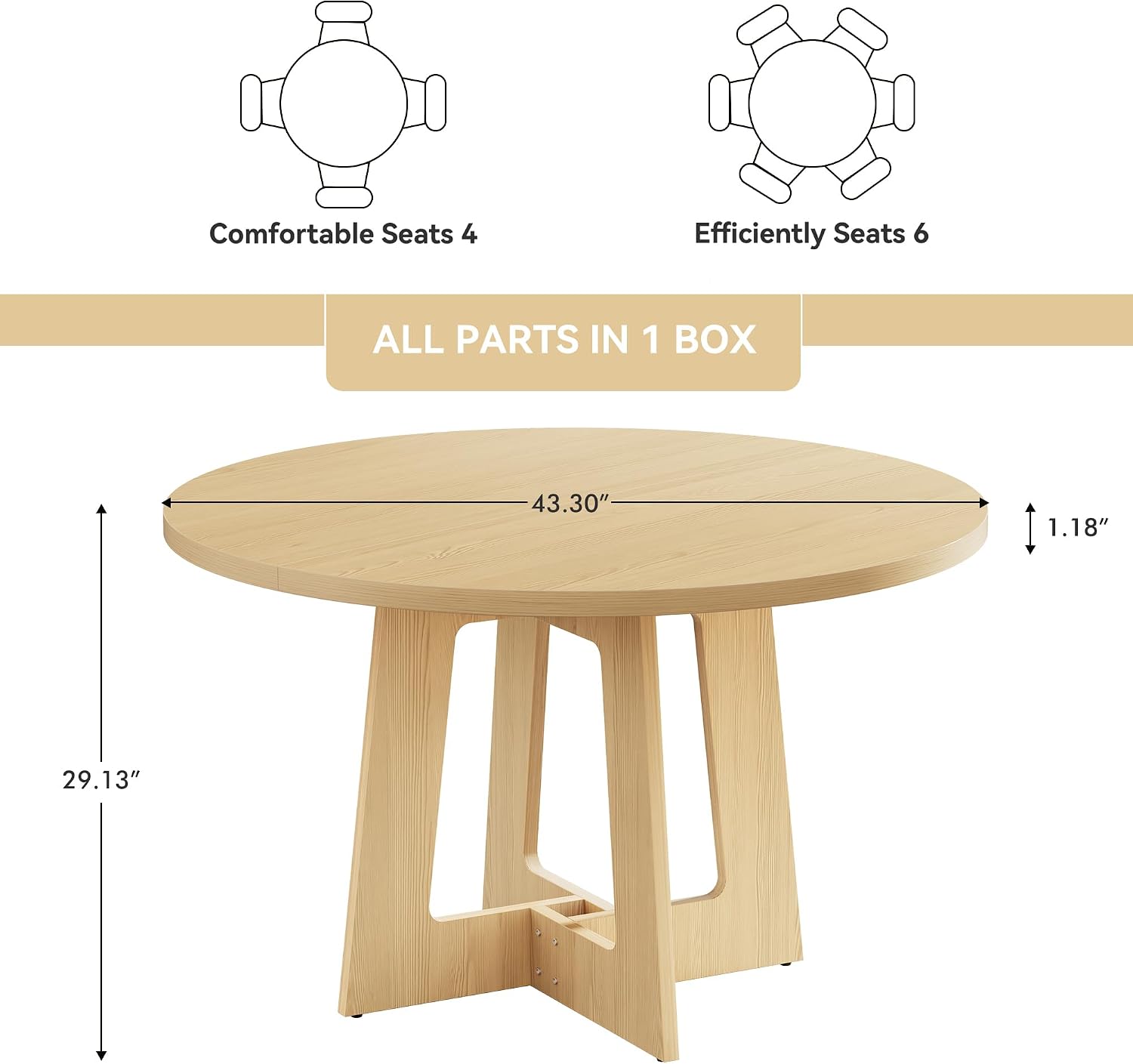 Round Dining Table for 4, Farmhouse Kitchen Table, Wooden Circle Table, 300lb Capacity & Easy Assembly for Home Dining Room Kitchen Living Room (Natural Oak)