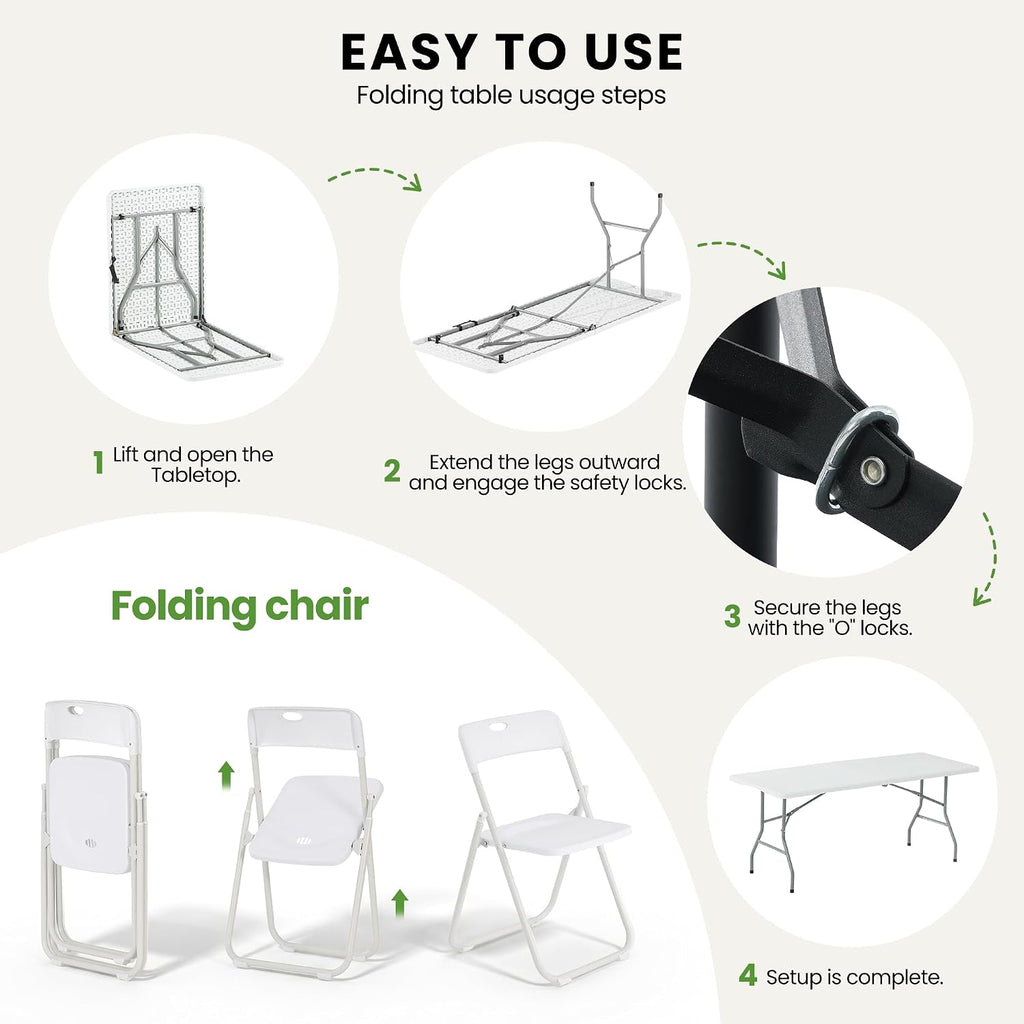 6FT Foldable Table Set with 6 Pack Plastic Folding Chairs, Heavy Duty 350 lbs Folding Table & Folding Chairs, Portable Foldable Furniture Bundle for Parties, Wedding, Events, Indoor & Outdoor