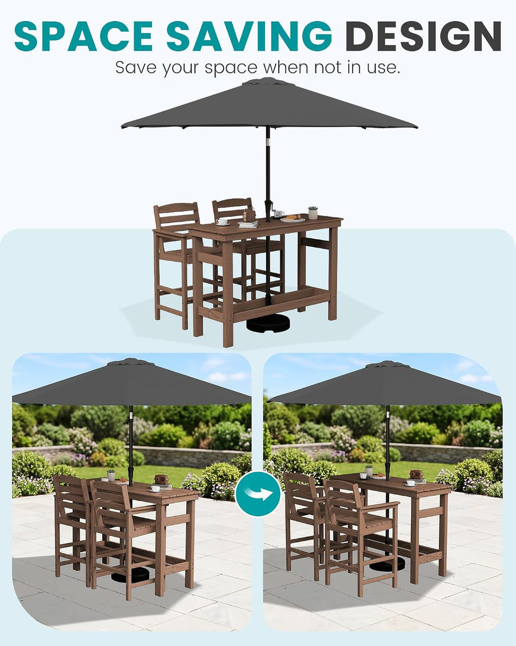 SERWALL Outdoor Bar Set with 9ft Umbrella, All-Weather HDPE Patio Bar Chairs and Table, Outdoor Furniture Set, Brown (Umbreall Base not Included)
