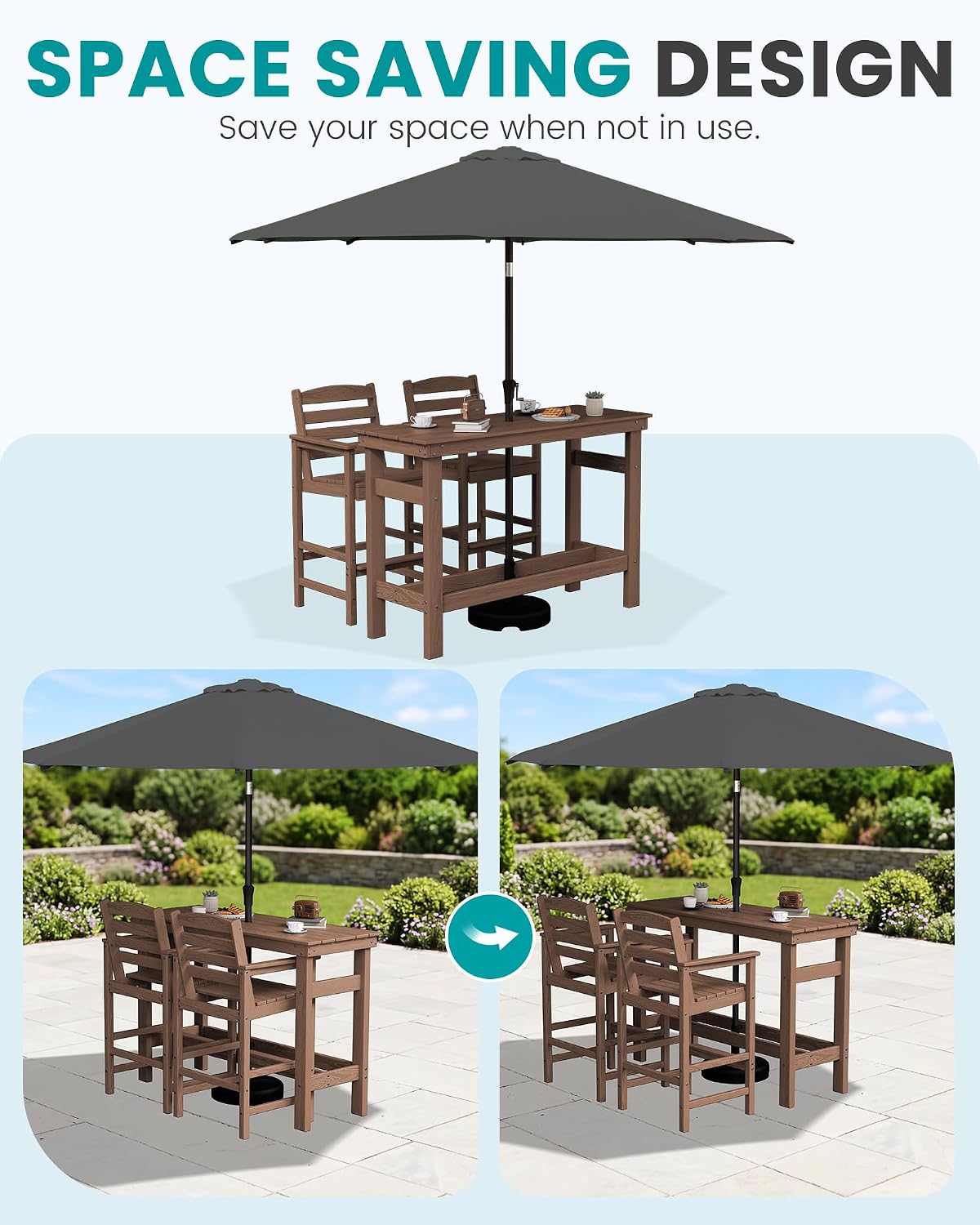 SERWALL Outdoor Bar Set with 9ft Umbrella, All-Weather HDPE Patio Bar Chairs and Table, Outdoor Furniture Set, Brown (Umbreall Base not Included)