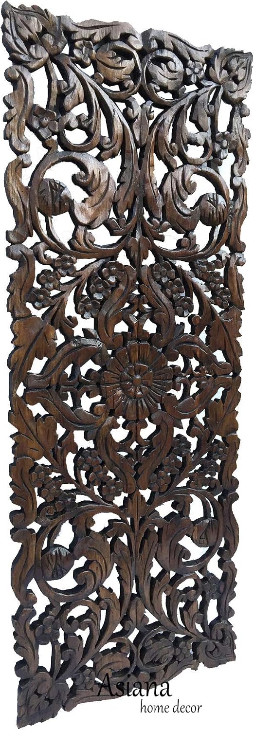Large Carved Wood Floral Wall Panel. Tropical Asian Home Decor in Dark Brown Finish, Size 35.5'x13.5'