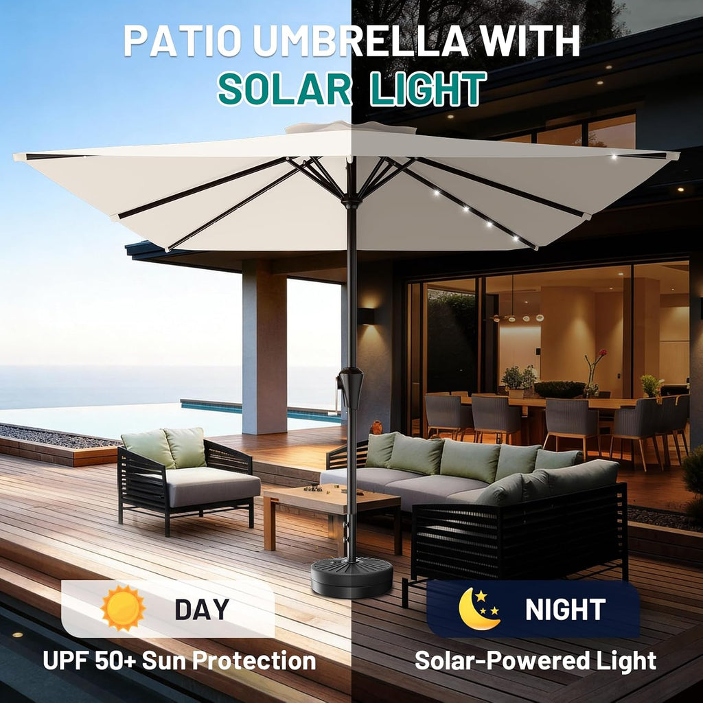 AreShark 8' X 10' Rectangular Patio Umbrella with Solar Lights, Lighted Solar Umbrella with Crank, Outdoor Table Umbrella for Garden, Deck, Backyard, Pool and Beach, Cream-White