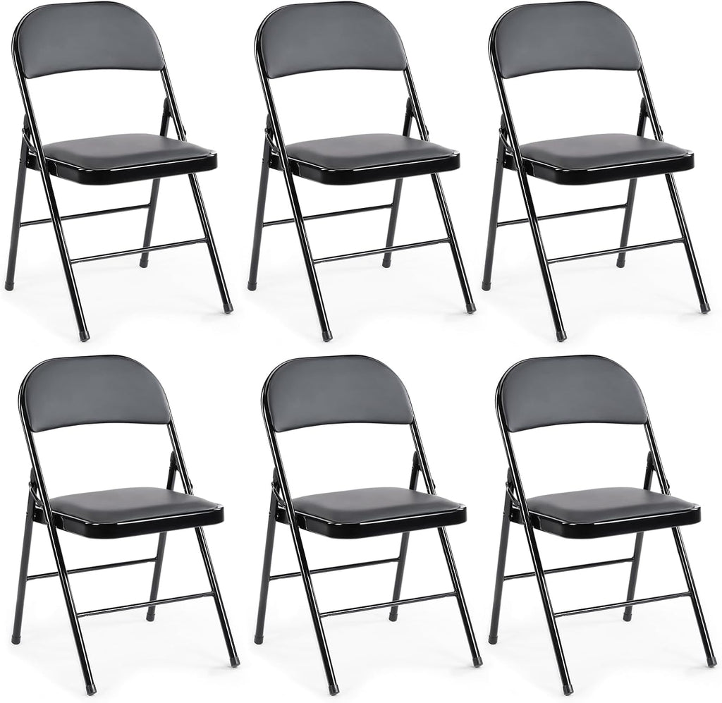 DUMOS 6 Pack Leather Padded Folding Chair, Indoor Outdoor Portable Stackable Commercial Seat with Steel Frame, Capacity for Home, Office, Party, Comfy, Black