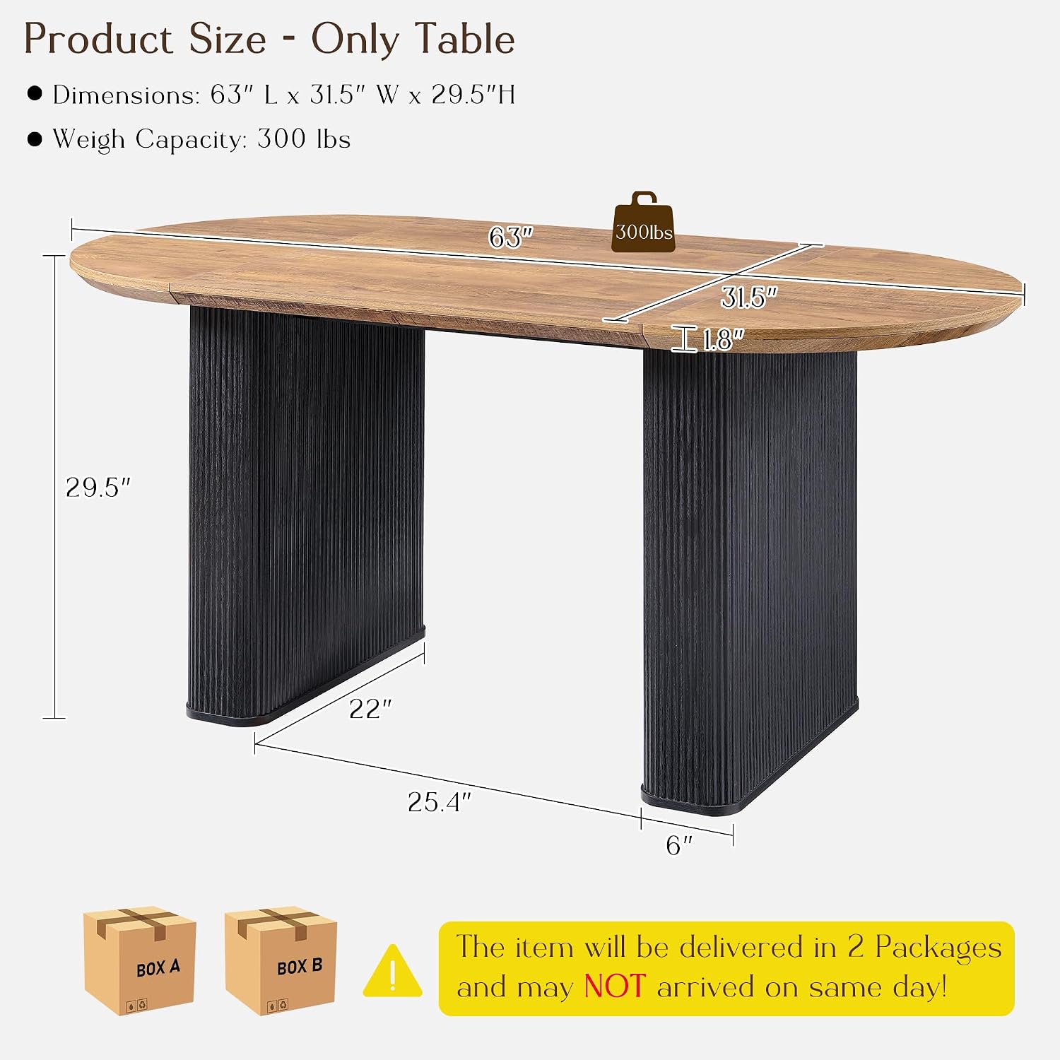T4TREAM 63' Fluted Oval Dining Table for 4-6, Mid-Century Modern Kitchen Table with Thickened Edge & Strip Base, Wood Luxury Table for Dining Room/Kitchen/Home Office, Gold Brown&Black(Table Only)