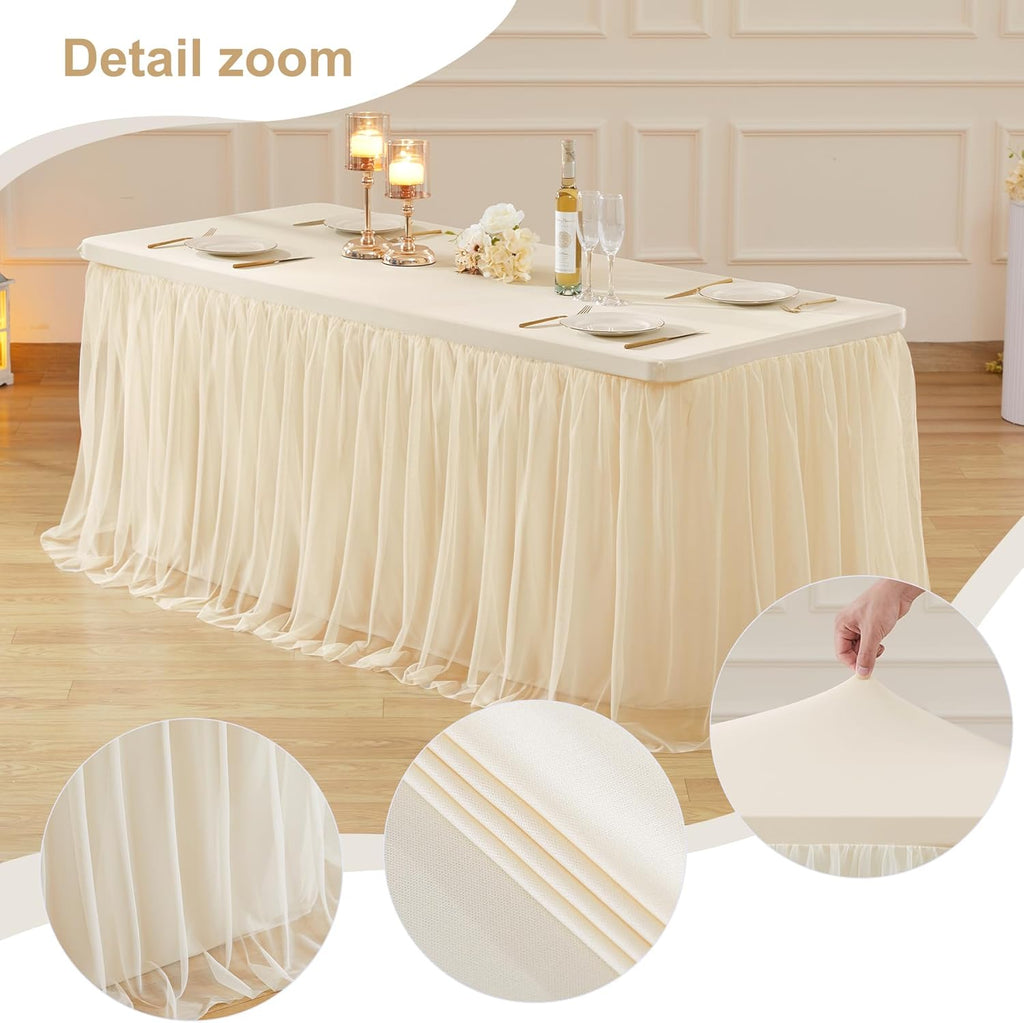 Champagne Table Cloths for 6 Foot Rectangle Tables, Tulle Table Skirt for Rectangle Table 6 ft Fitted Table Cover Desk Skirt Birthday Party Wedding Banquet Tablecloth Elastic Stretch Ruffle Tablecloth