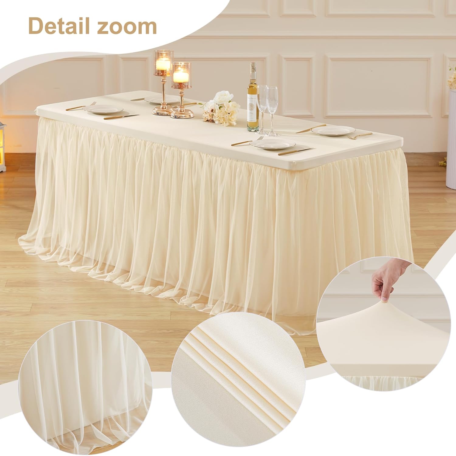 Champagne Table Cloths for 6 Foot Rectangle Tables, Tulle Table Skirt for Rectangle Table 6 ft Fitted Table Cover Desk Skirt Birthday Party Wedding Banquet Tablecloth Elastic Stretch Ruffle Tablecloth