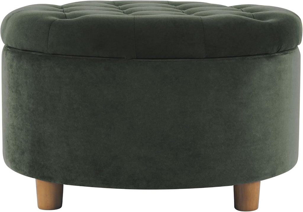 HomePop Home Decor | Large Button Tufted Velvet Round Storage Ottoman | Ottoman with Storage for Living Room & Bedroom, Loden Green Velvet, 28'