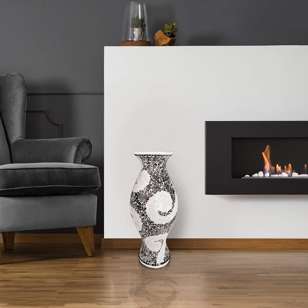 Floor Vase – Tall Cylinder Made of Terracotta with Black & White Glass Mosaic Pieces – Exquisite Home Decor Accent Piece (24 x 10 Inches)