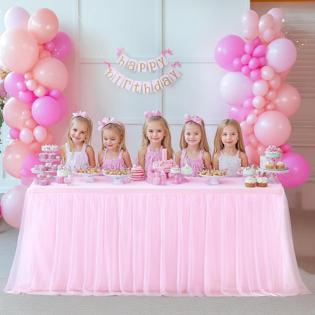 Pink Table Cloths for Parties Light Pink Tulle Tablecloth Rectangle, Pink Tulle Table Skirt Rectangle Table 6ft Fitted Table Covers Stretch Elastic Banquet Party Baby Shower Wedding Table Cloth 6 Foot