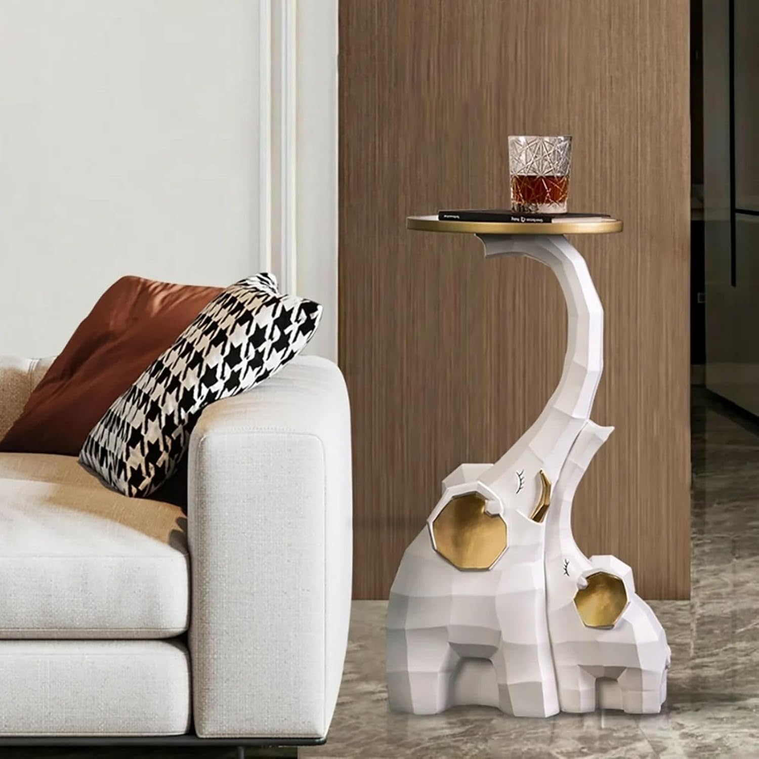 homary Modern End Table with Tray Top Decor Nightstand Elephant Shape Side Table White & Gold
