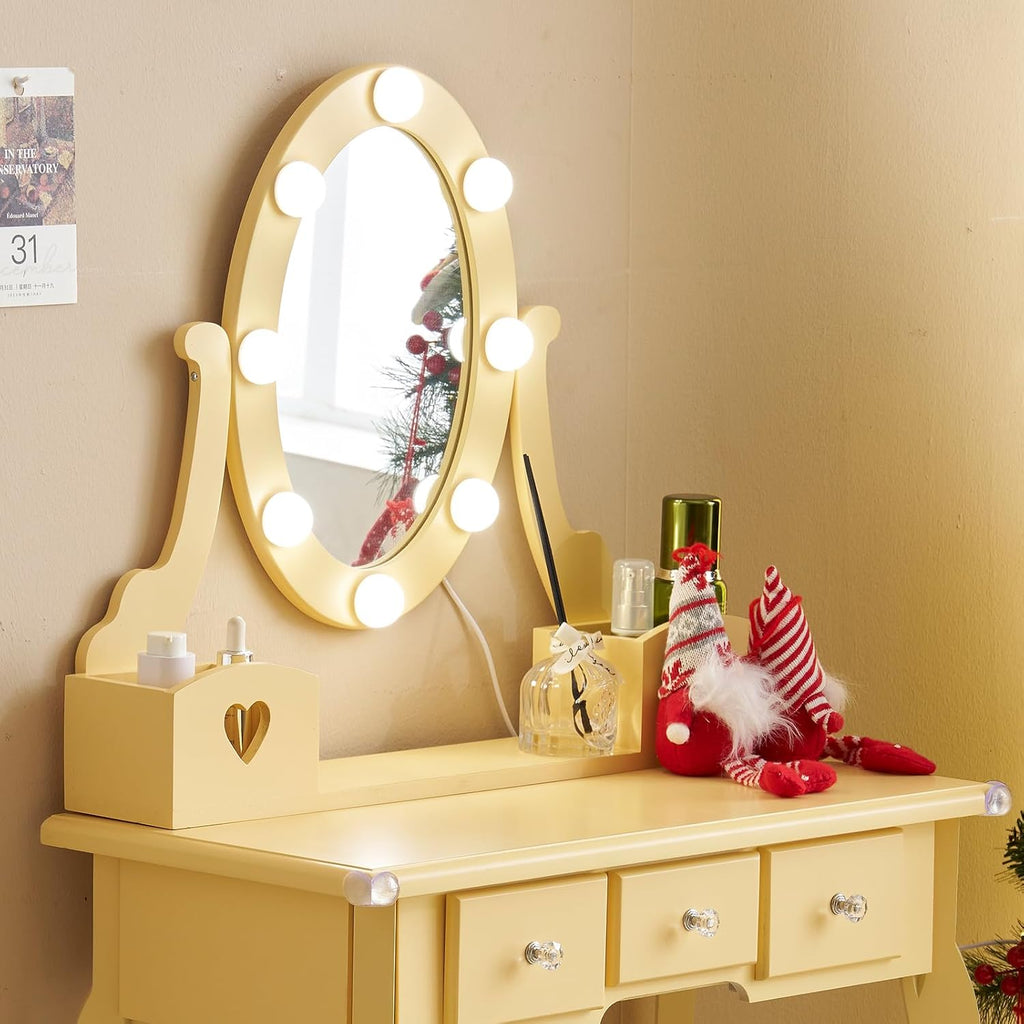 Karl home Kids Vanity Table and Chair Set, Princess MDF Dressing Table with 3-Color LED Lighted Mirror and 3 Drawers, Lovely Waved Design for Toddler's Bedroom and Playroom Decor, Macaroon Orange