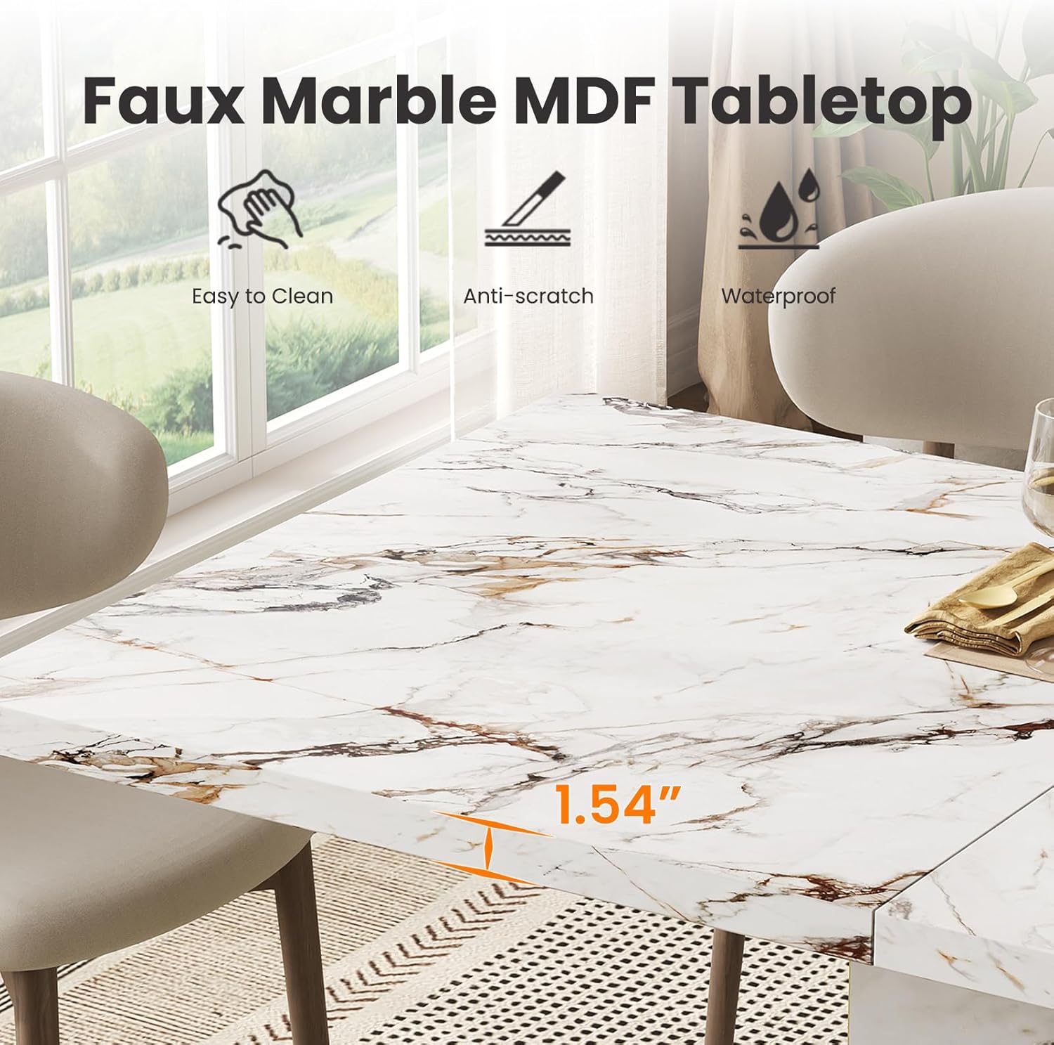 HOMISSUE 70' Faux Marble Dinner Table，Rectangle Modern White Dining Table for 6-8 People，Large Kitchen Furniture Table with Sturdy Base for Dining Room, Living Room, White