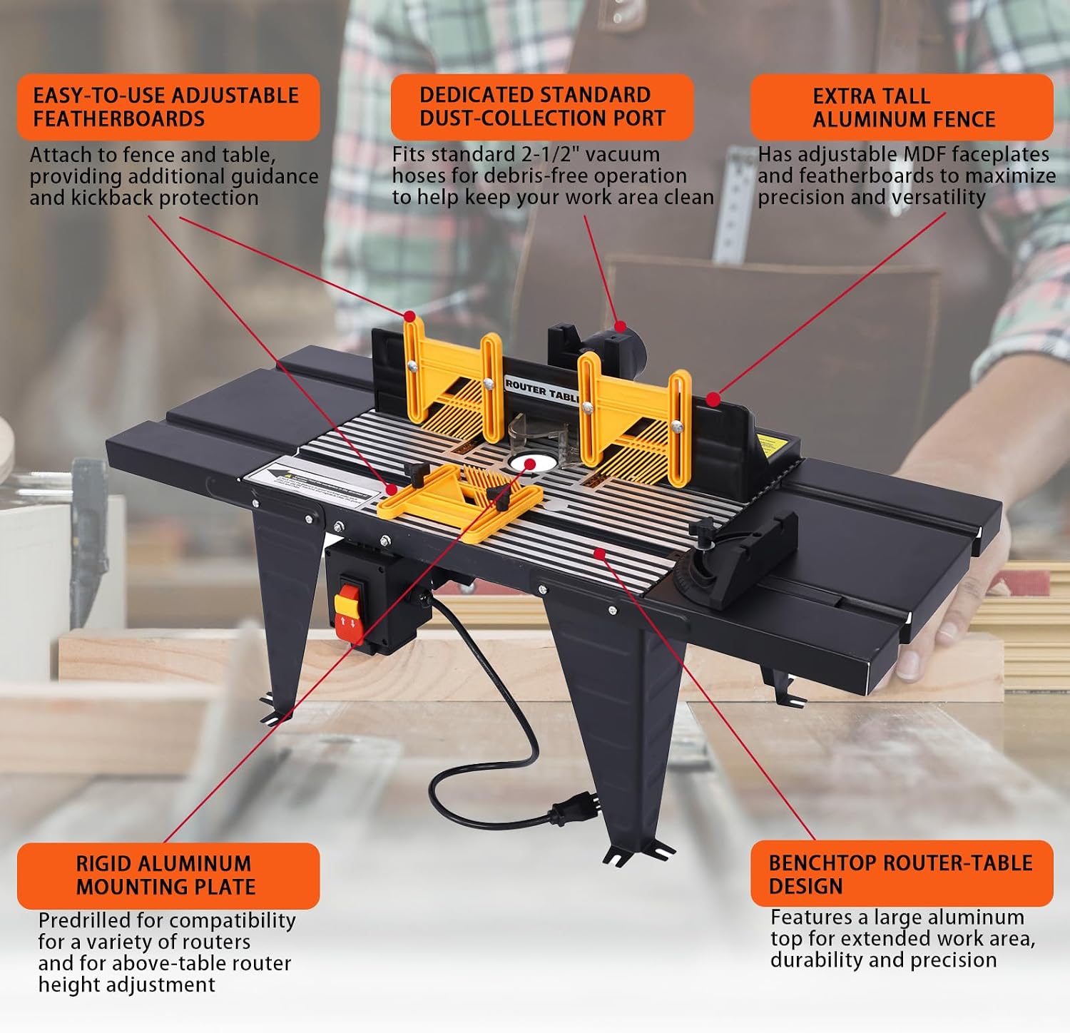 Electric Benchtop Router Table - Universal Benchtop Router Tables Top with Steel Stand, Adjustable Fence, Woodworking Craftsman Tool with Spacious Work Surface, Safety Guard, and Durable Construction