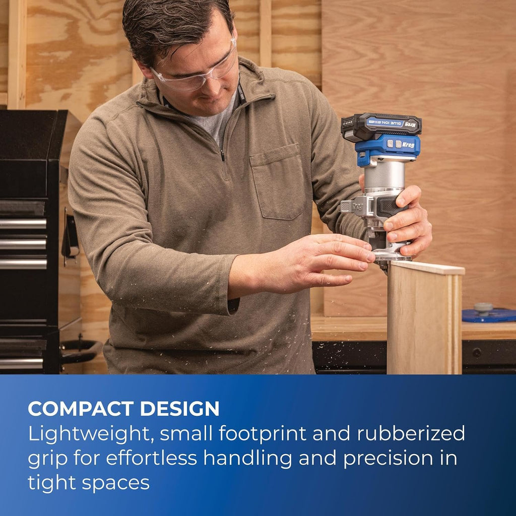 Kreg 20V Ionic Drive 1/4 Inch Trim Router, 20V Blue Ion Charger & Blue Ion 2Ah Battery Pack - Cordless Woodworking Tool - Micro-Adjustment Trim Tool - Dual LED Lights - KPTBRT025A
