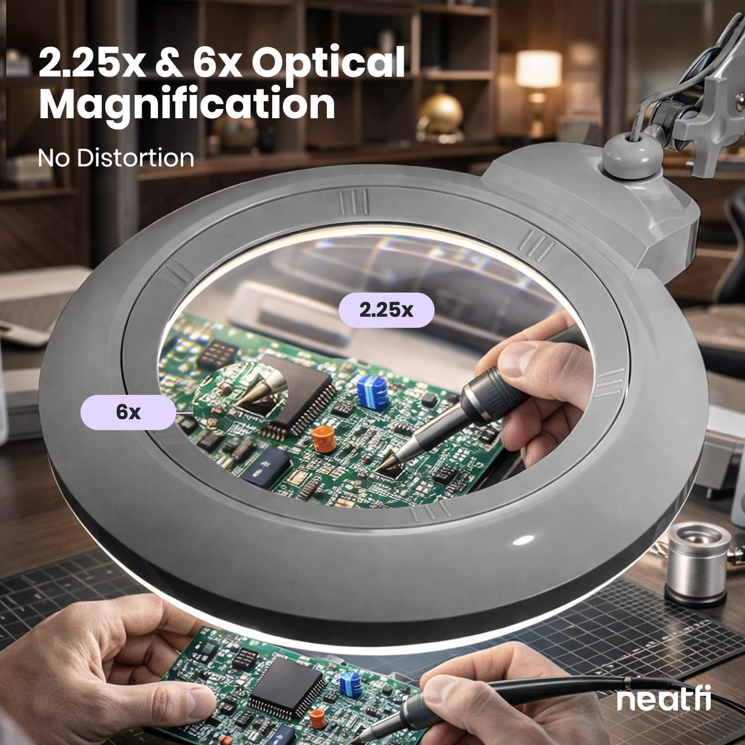 Neatfi XL Bifocal LED Magnifying Lamp, 7' Acrylic Lens, 2.25X/6X Magnification, 1,600 Lumens Dimmable | Hands-Free Close Work | Crafting, Jewelry & Reading (Silver, 7-inch Lens, Non-CCT with Clamp)