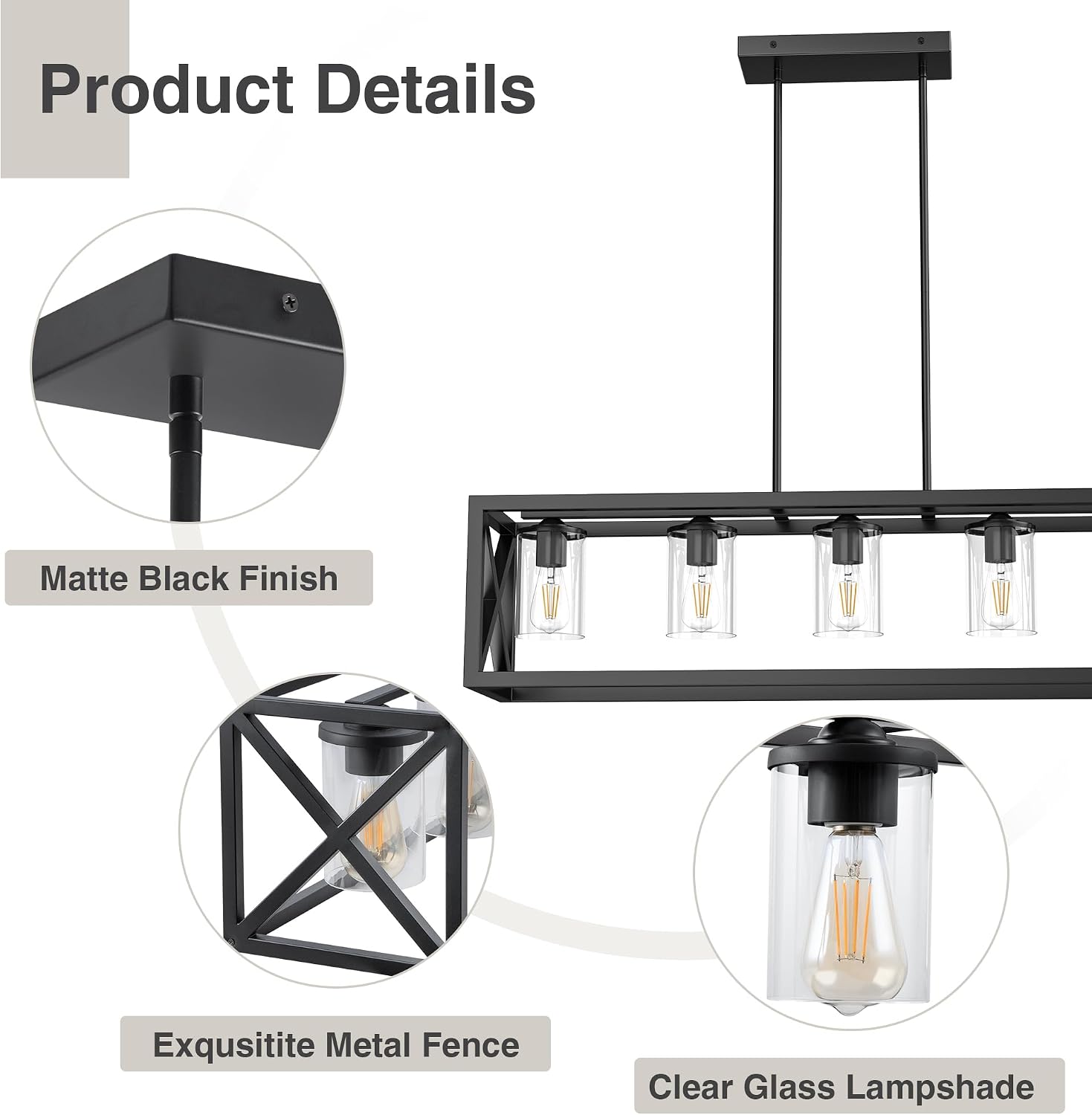 Farmhouse Dining Room Light Fixture - 5 Light Matte Black Rectangle Light Fixture with Adjustable Height & Thickened Metal Dining Table Fixture Chandeliers for Dining Room&Kitchen Island