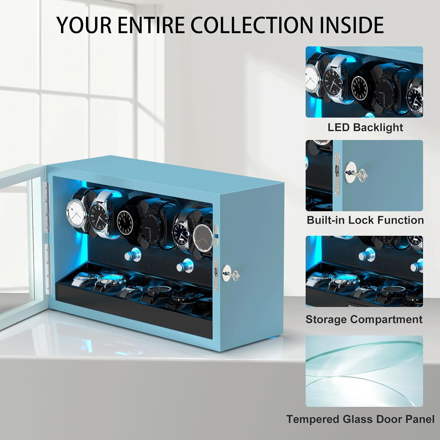 XTELARY Lockable Automatic Watch Winder - 4/6/8/12 Watch Storage, 4 Rotation Modes, Quiet Motor, Backlight