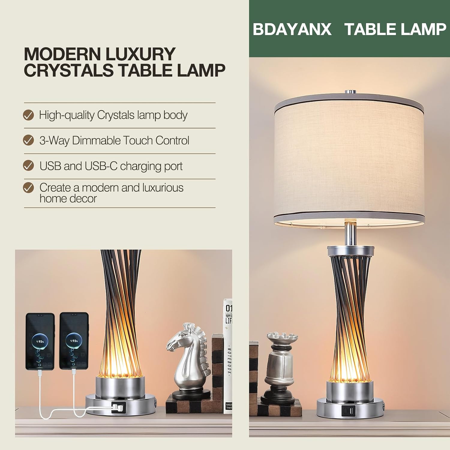3-Way Dimmable Table Lamp Set of 2,Touch Control Lamp with Night Light,Modern Blue Crystal Table Lamps for Bedroom,Living Room，Bedside Lamps with USB A+C Ports，Fabric Lampshade(Blubs Included)