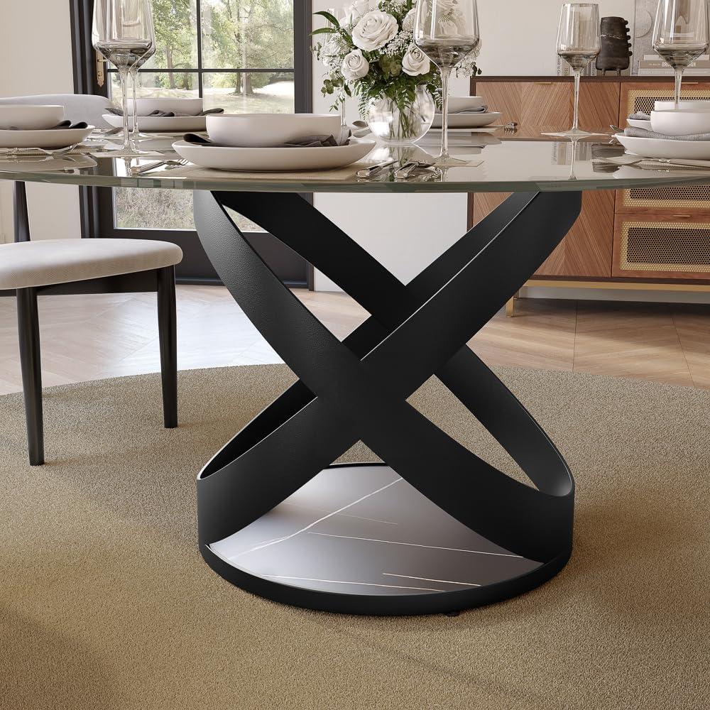 POVISON 59' Modern Round Dining Table, Glass Round Kitchen Table for 6, Glass Dining Room Table Top with Black X Carbon Steel Base for Dining Room (Dining Table Only)