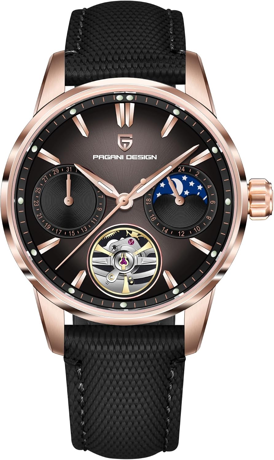 Pagani Design Luxury Men's Automatic Watch Skeleton Tourbillon Moon Phase Stainless Steel 100m Waterproof Leather Strap Men's Mechanical Watch