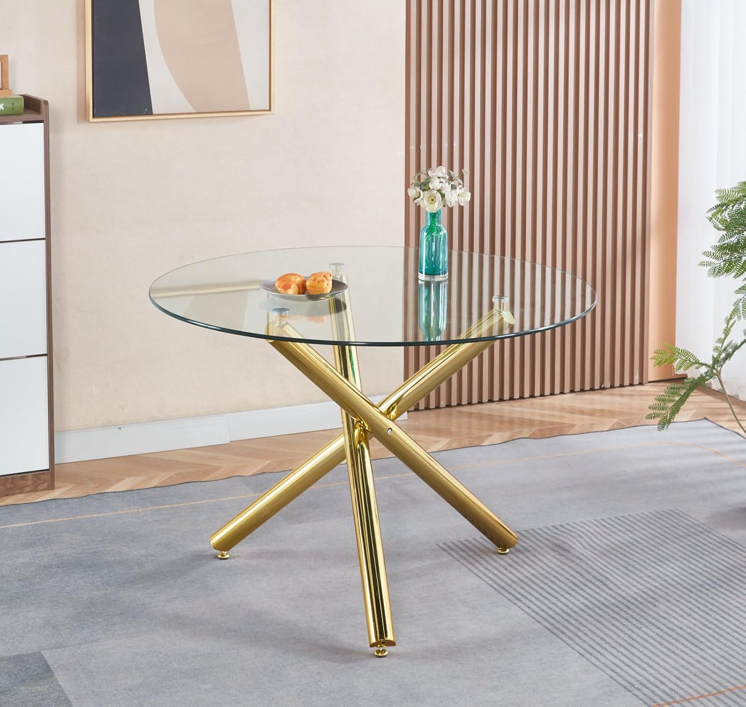 Round Glass Dining Table,Glass Dining Room Table with Metal Legs, Modern Style Glass Kitchen Table for Home, Kitchen, Dining Room