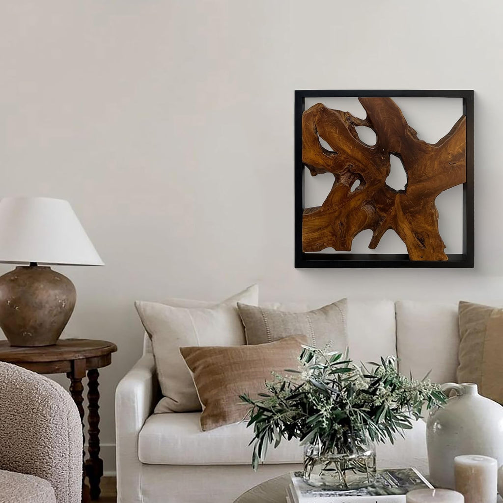 Warmaxx Rustic Teak Wood Wall Art 27.8'L x 27.8'W x 2.3' Thickness Farmhouse Framed Wall Art Aesthetic Decoration Square Home Office Dorm Handmade Freeform Pattern Natural Wall Décor Living Room Bedroom Hallway