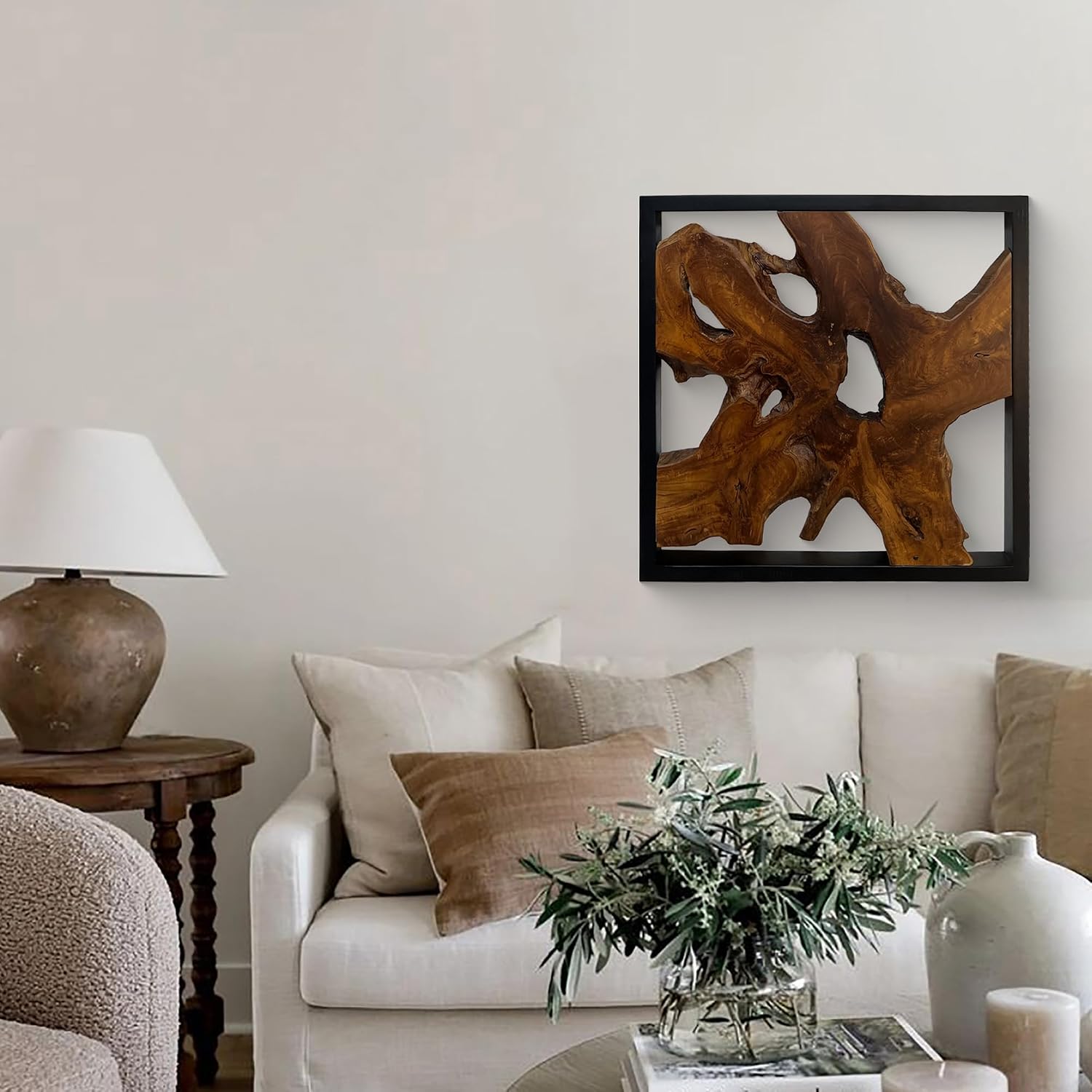 Warmaxx Rustic Teak Wood Wall Art 27.8'L x 27.8'W x 2.3' Thickness Farmhouse Framed Wall Art Aesthetic Decoration Square Home Office Dorm Handmade Freeform Pattern Natural Wall Décor Living Room Bedroom Hallway