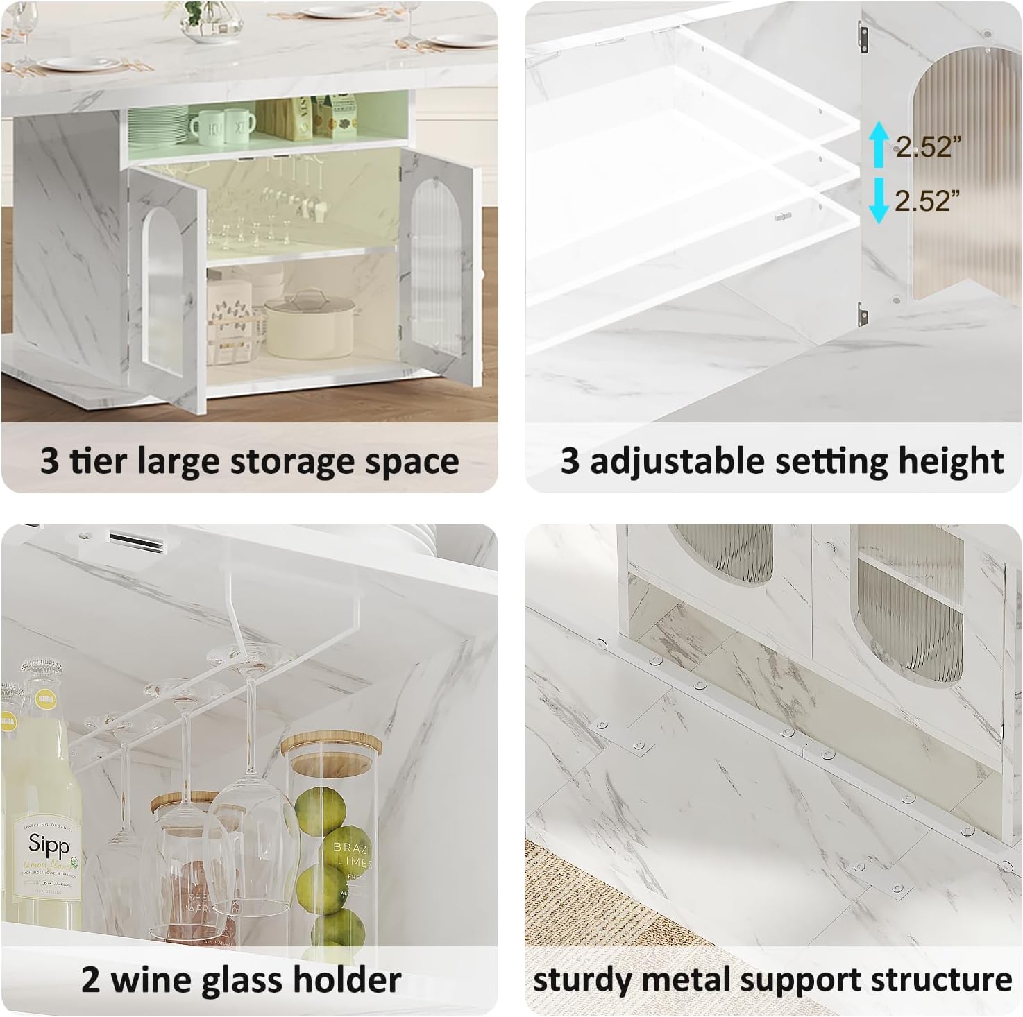 HSH Dining Table for 4–6, 63' Modern Kitchen Dining Room Table with Storage Shelves & Acrylic Door Cabinet,Wood Rectangle Dinner Table with Faux Marble Top for Home Apartment, White Faux Marble