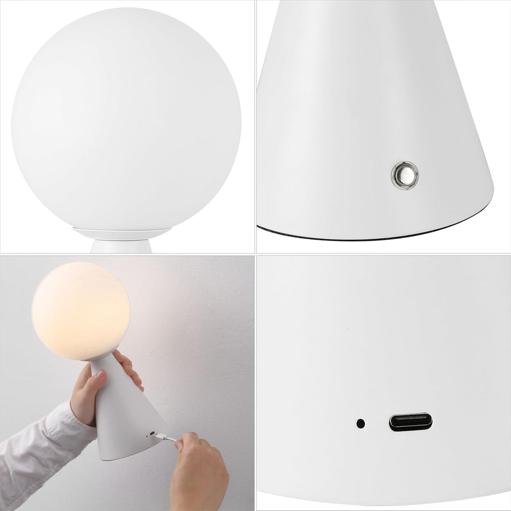 JONATHAN Y 11.75' White Macie Modern Globe Cordless Table Lamp Set of 2, Rechargeable Dimmable Integrated LED Touch Sensor Bedside Lamp, White Frosted Glass Shade (JYL7159E-SET2)