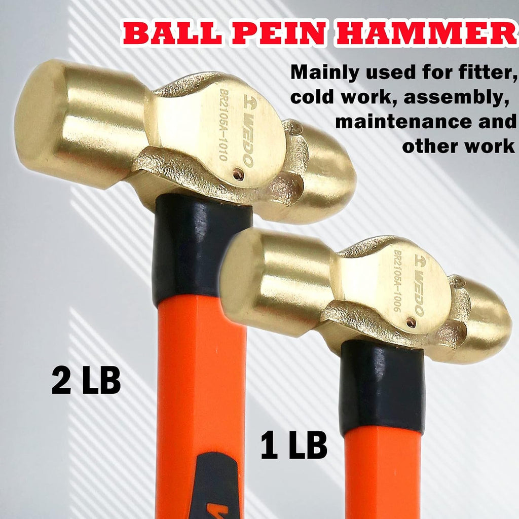 WEDO 3PCS Hammer Set,4lb Sledge Hammer,2lb Ball Pein Hammer,2lb Drum Type Hammer,Brass,Fiberglass Handle,Die-Forge,Corrosion Resistant