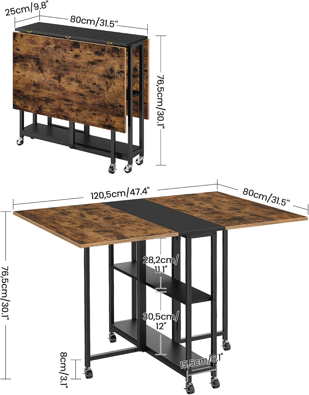 CHOEZON Folding Dining Table, Movable Dining Table, Expandable Kitchen Table, Versatile Table with 6 Wheels and 2-Tier Shelf, for Dining, Living Room, Apartment, Rustic Brown TCZ01BF