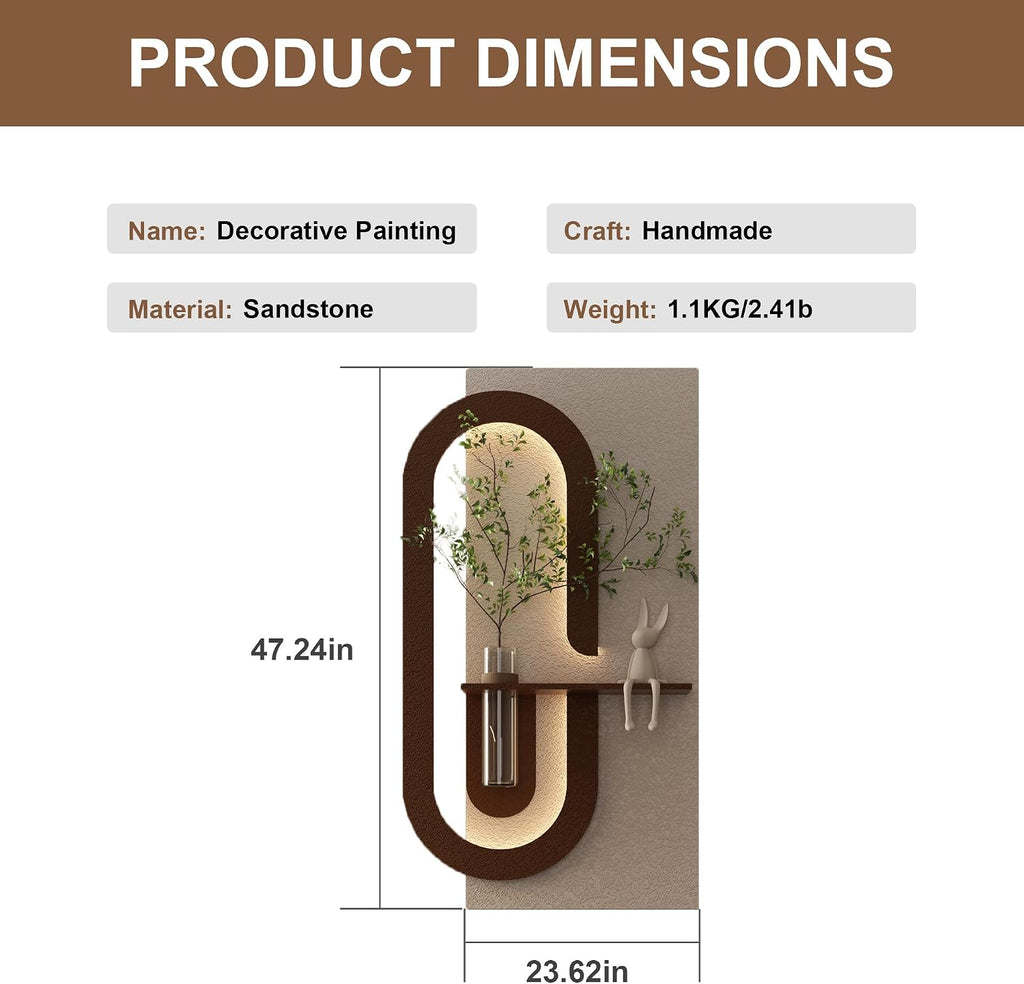 Montary 3D Sandstone Entryway Decor Art Painting, Modern LED Wall Decor Sculpture with Artificial Plants, Glass Vase & Rabbit Statue, Remote Control 3-Color Light for Living Room, Bedroom, Hallway