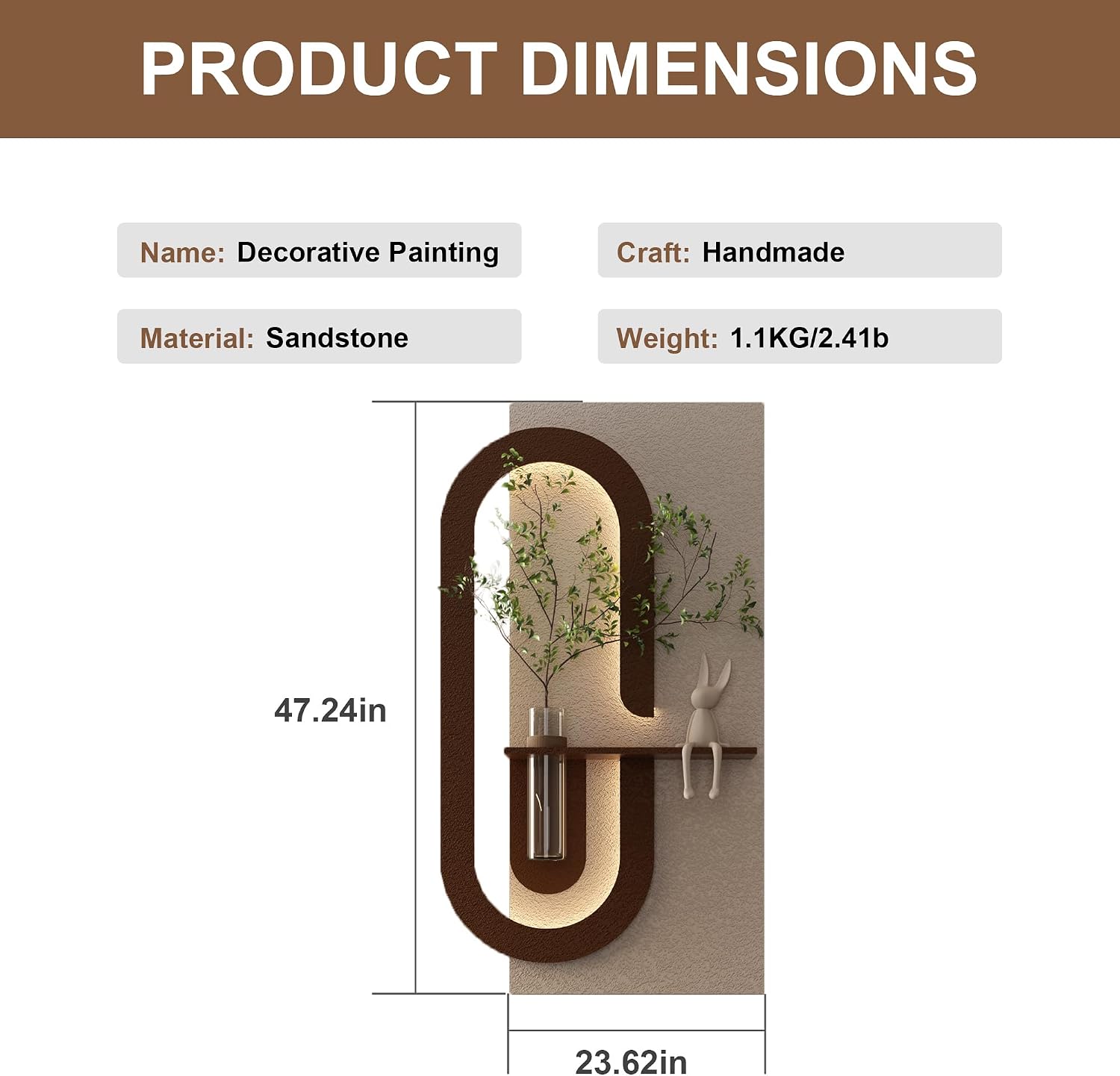 Montary 3D Sandstone Entryway Decor Art Painting, Modern LED Wall Decor Sculpture with Artificial Plants, Glass Vase & Rabbit Statue, Remote Control 3-Color Light for Living Room, Bedroom, Hallway