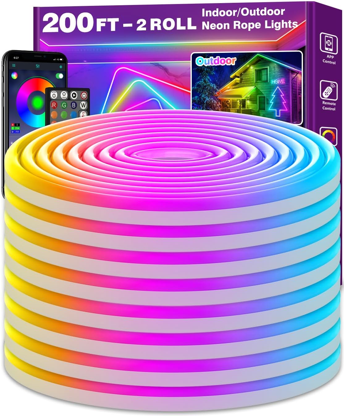 AILBTON 200Ft Neon Rope Lights,Flexible Led Rope Lights Control with App/Remote,Multiple Modes RopeLights,IP65 Outdoor RGB Led Neon Lights NonWater Resistant,Music Sync Gaming Led NeonLight Strip