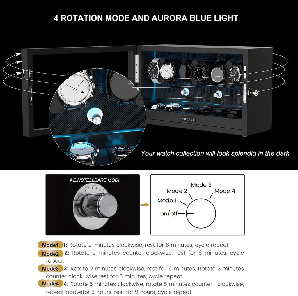 XTELARY Lockable Automatic Watch Winder - 4/6/8/12 Watch Storage, 4 Rotation Modes, Quiet Motor, Backlight