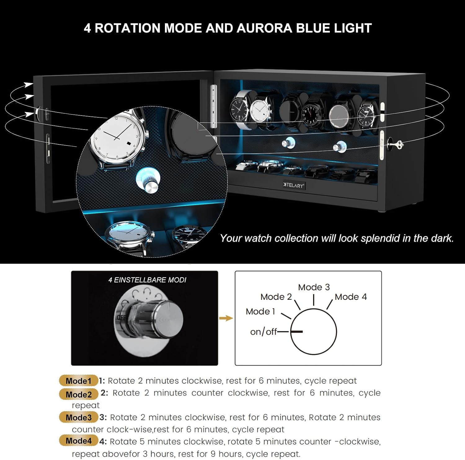 XTELARY Lockable Automatic Watch Winder - 4/6/8/12 Watch Storage, 4 Rotation Modes, Quiet Motor, Backlight