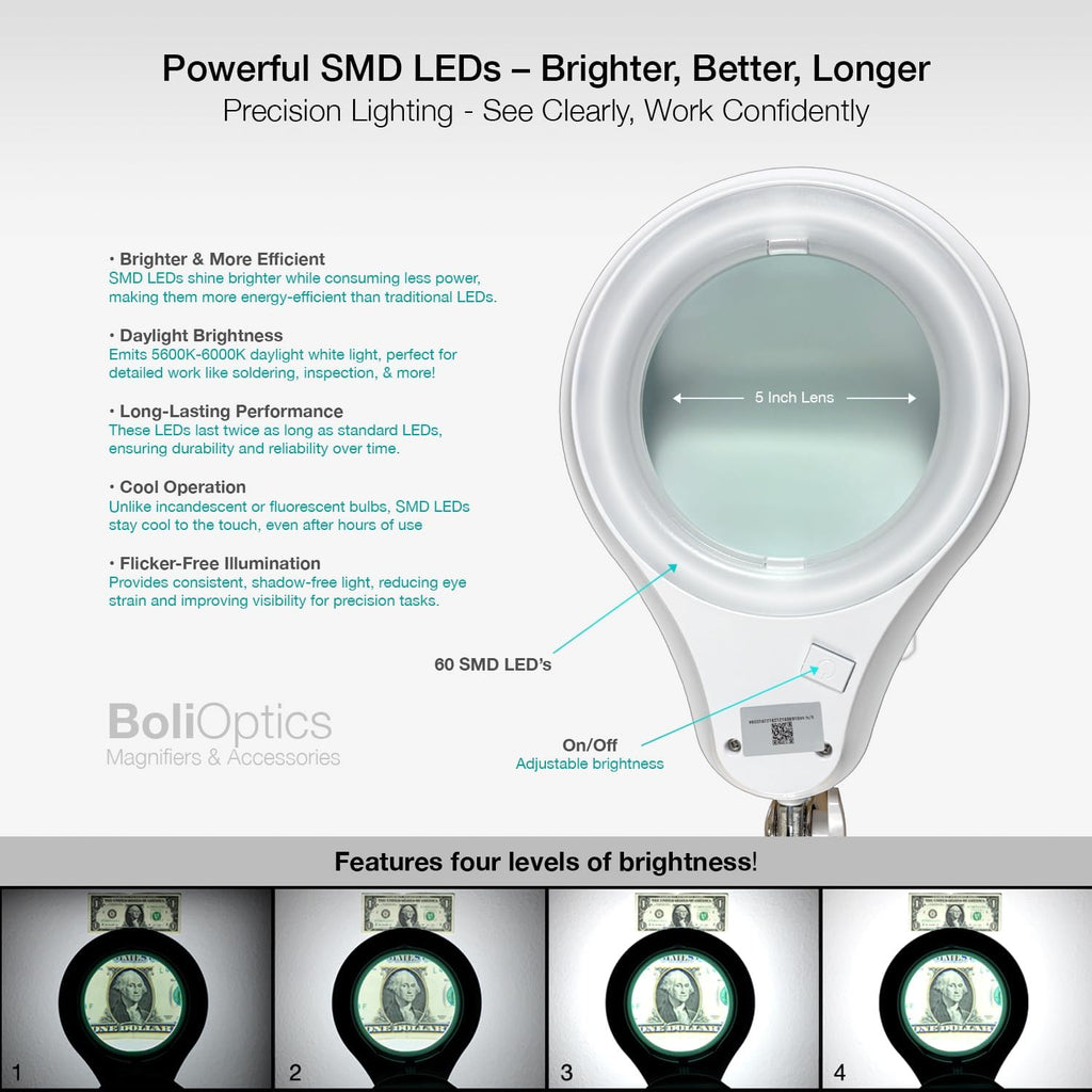BoliOptics (Glass Lens) Professional LED Magnifying Lamp with Clamp, Dimmable, 1200 Lumens, 5600K-6000K Daylight Bright 60 SMD LED, Work Light Mounting Bracket Clamp (5 Diopter) MG16303221