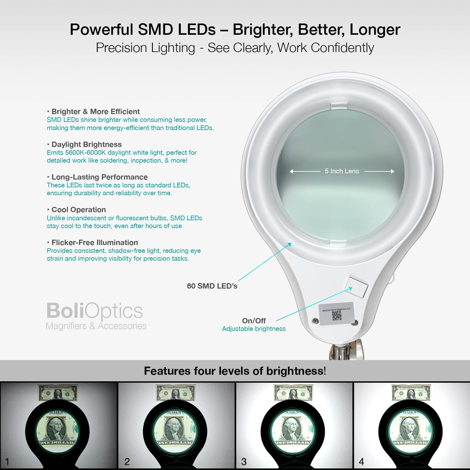 BoliOptics (Glass Lens) Professional LED Magnifying Lamp with Clamp, Dimmable, 1200 Lumens, 5600K-6000K Daylight Bright 60 SMD LED, Work Light Mounting Bracket Clamp (5 Diopter) MG16303221