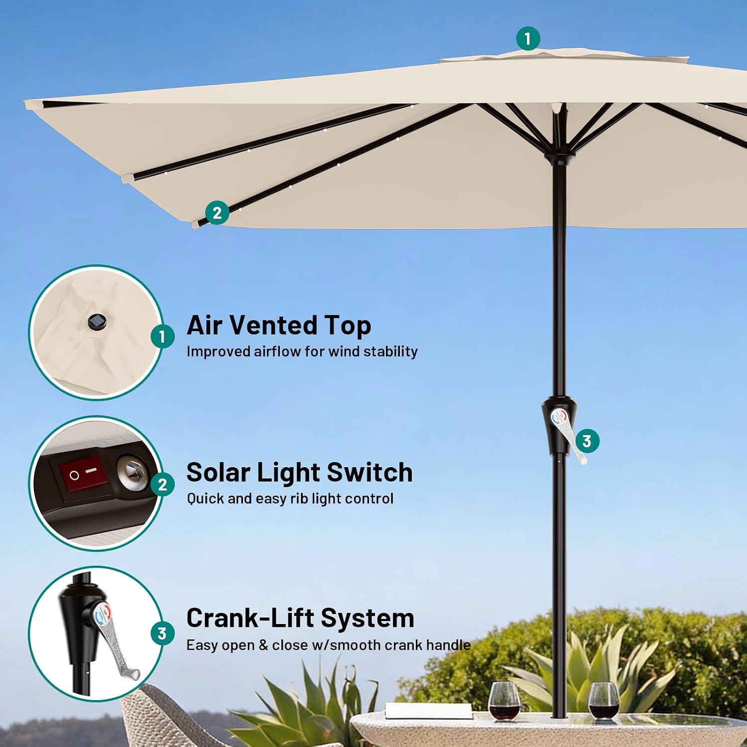 AreShark 8' X 10' Rectangular Patio Umbrella with Solar Lights, Lighted Solar Umbrella with Crank, Outdoor Table Umbrella for Garden, Deck, Backyard, Pool and Beach, Cream-White
