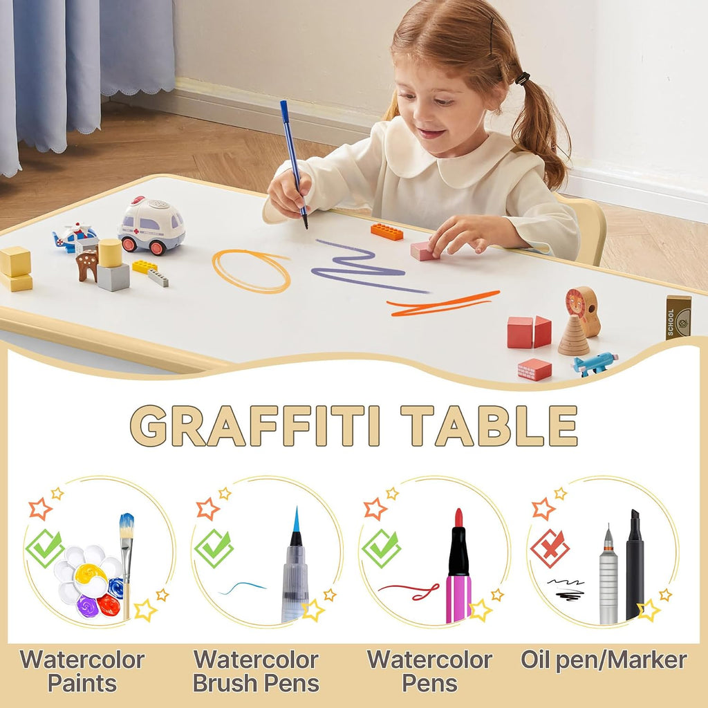 GITAWUSA Kids Study Table and Chairs Set, Height Adjustable Toddler Table and Chair Set for Kids Ages 3-8, Graffiti Desktop (Light Brown)