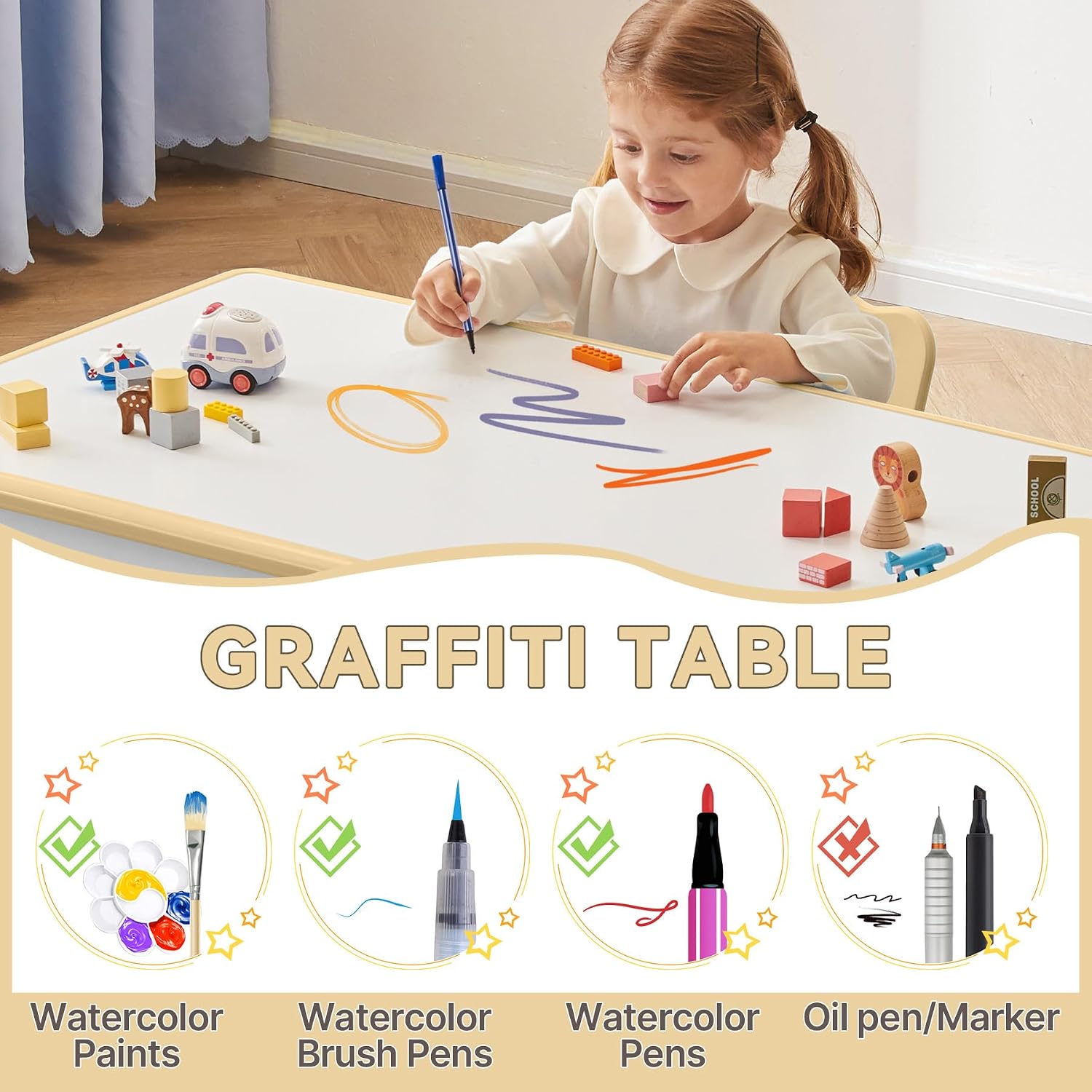 GITAWUSA Kids Study Table and Chairs Set, Height Adjustable Toddler Table and Chair Set for Kids Ages 3-8, Graffiti Desktop (Light Brown)