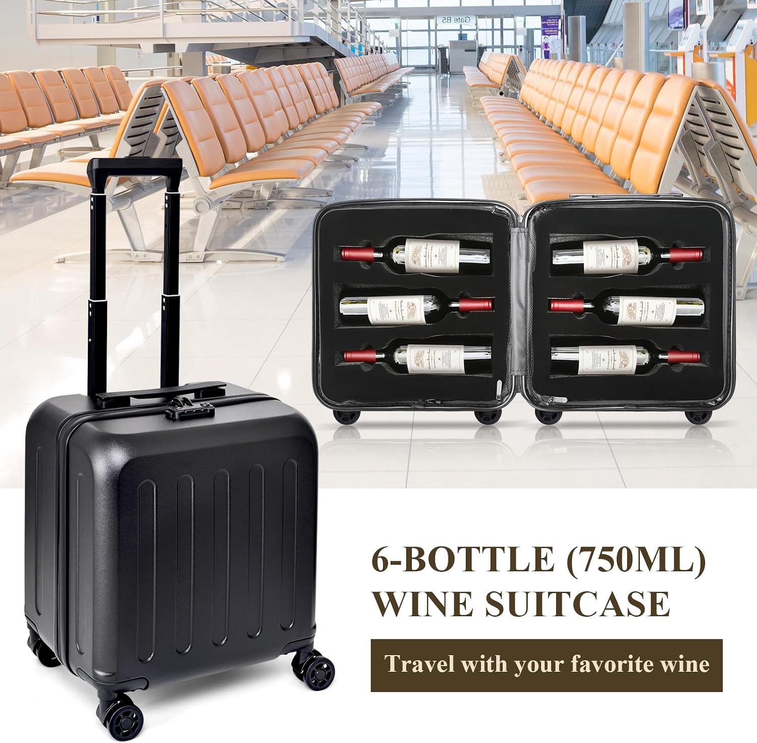 wine luggage 6-Bottle Airline Approved Wine Suitcase, TSA-Friendly Carry-On Luggage with Shockproof Foam | Compact, Lightweight Hard Shell Travel Case for Secure Airplane Transport (6 bottles)